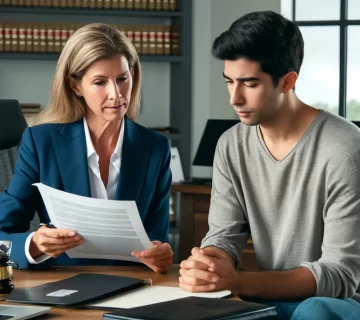 DALL·E 2024 05 06 00 31 45 A lawyer discussing a case with a client in a modern office setting conveying a supportive and professional atmosphere  The lawyer a middle aged Cau 360x320
