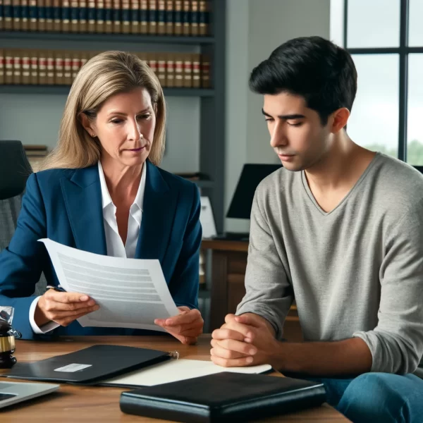 DALL·E 2024 05 06 00 31 45 A lawyer discussing a case with a client in a modern office setting conveying a supportive and professional atmosphere  The lawyer a middle aged Cau 600x600